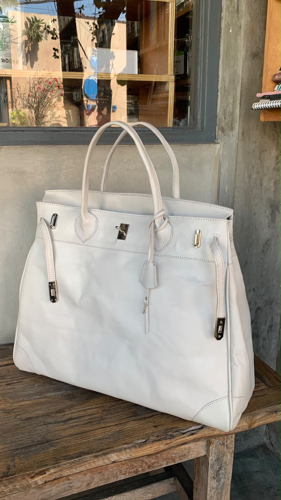Weekender full leather cream + silver hardware